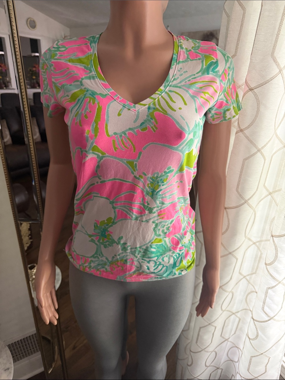 Floral V-Neck Tee in Pink and Green - Women